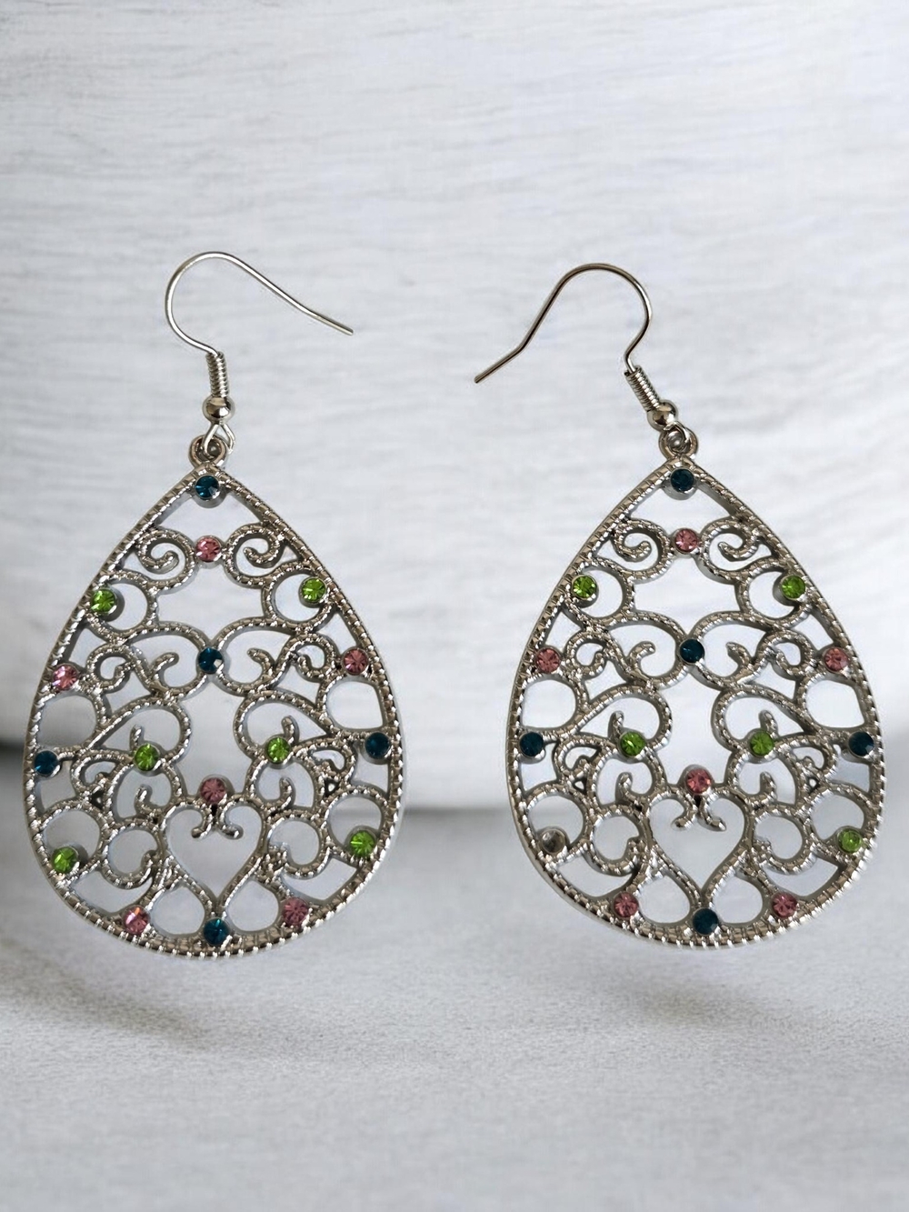 paparazzi Silver Filigree Teardrop Earrings with Blue, Green & Pink Accents